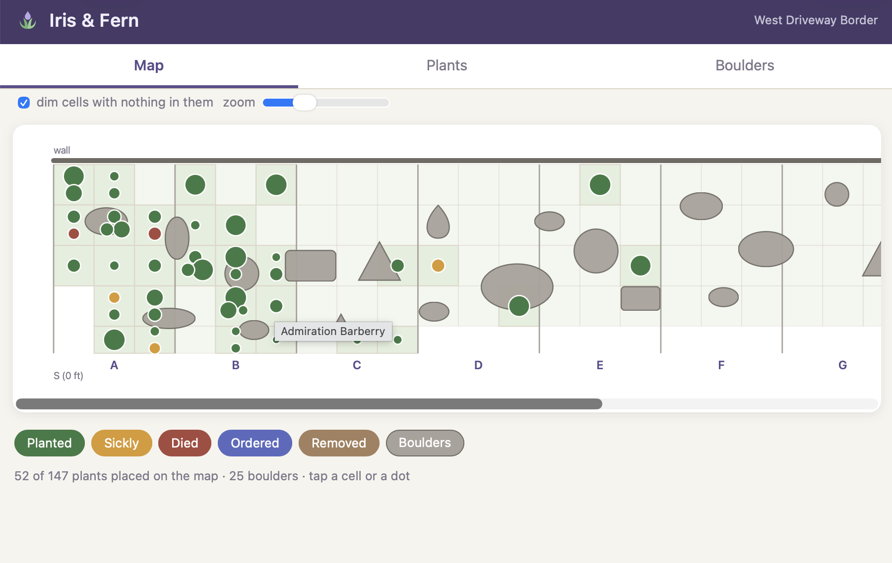 Iris & Fern map: the whole bed from sections A to J, boulders drawn to shape