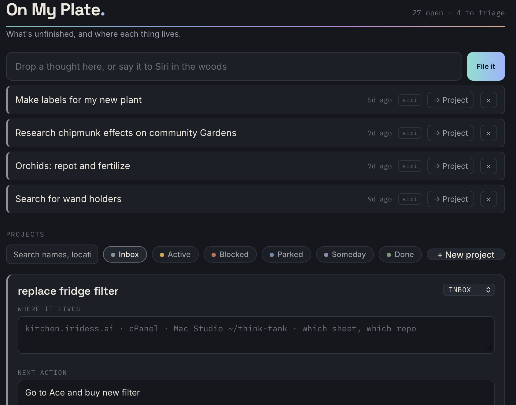 On My Plate inbox and project registry
